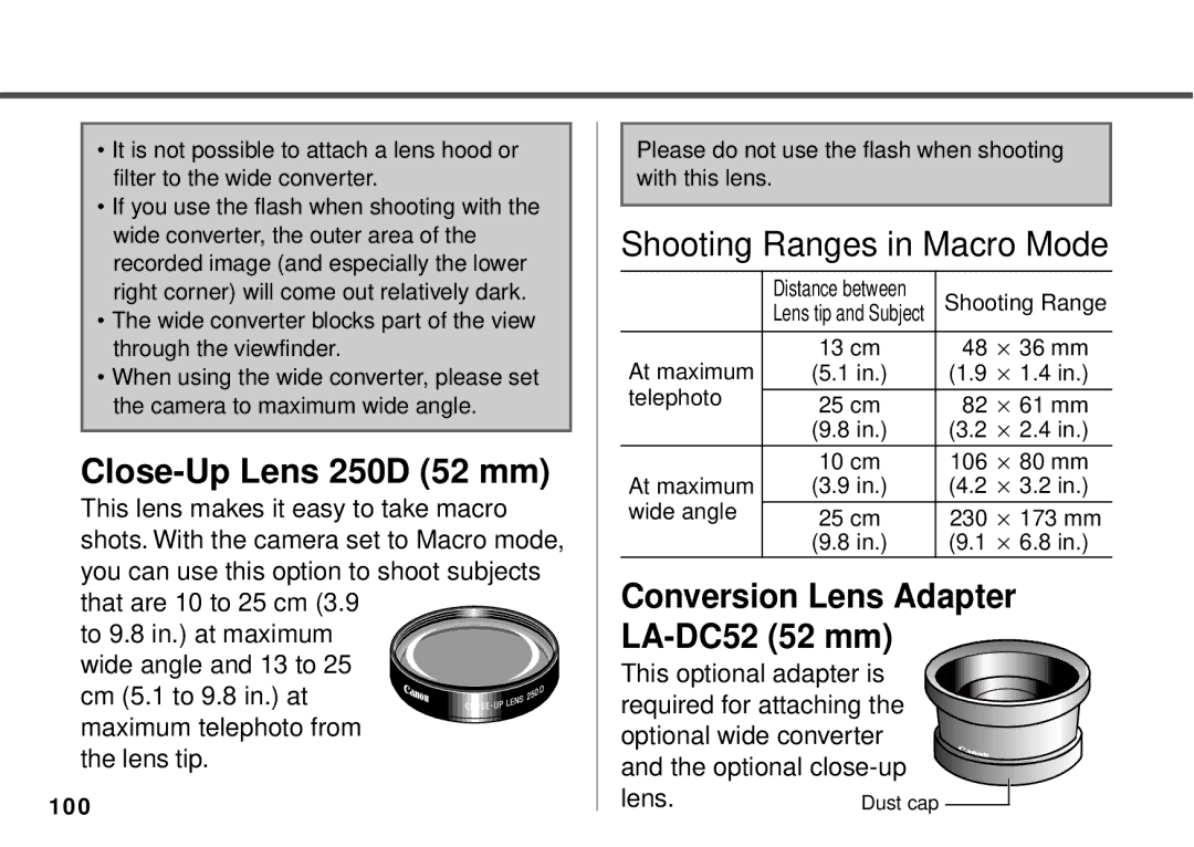 Canon PowerShot A10, PowerShot A20 manual Close-Up Lens 250D 52 mm, Conversion Lens Adapter LA-DC52 52 mm 