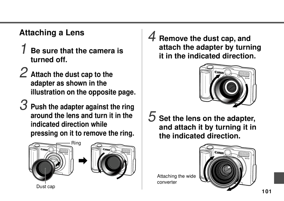 Canon PowerShot A20, PowerShot A10 manual Attaching a Lens, 101 