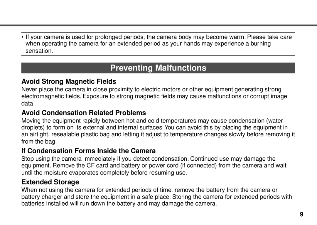 Canon PowerShot A20, PowerShot A10 Avoid Strong Magnetic Fields, Avoid Condensation Related Problems, Extended Storage 