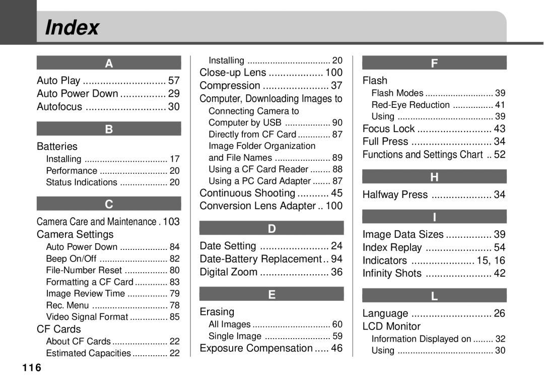 Canon PowerShot A10, PowerShot A20 manual Index, Camera Settings 