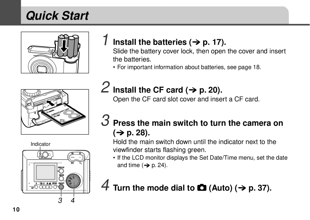 Canon PowerShot A10 manual Quick Start, Install the batteries p, Install the CF card p, Turn the mode dial to Auto p 