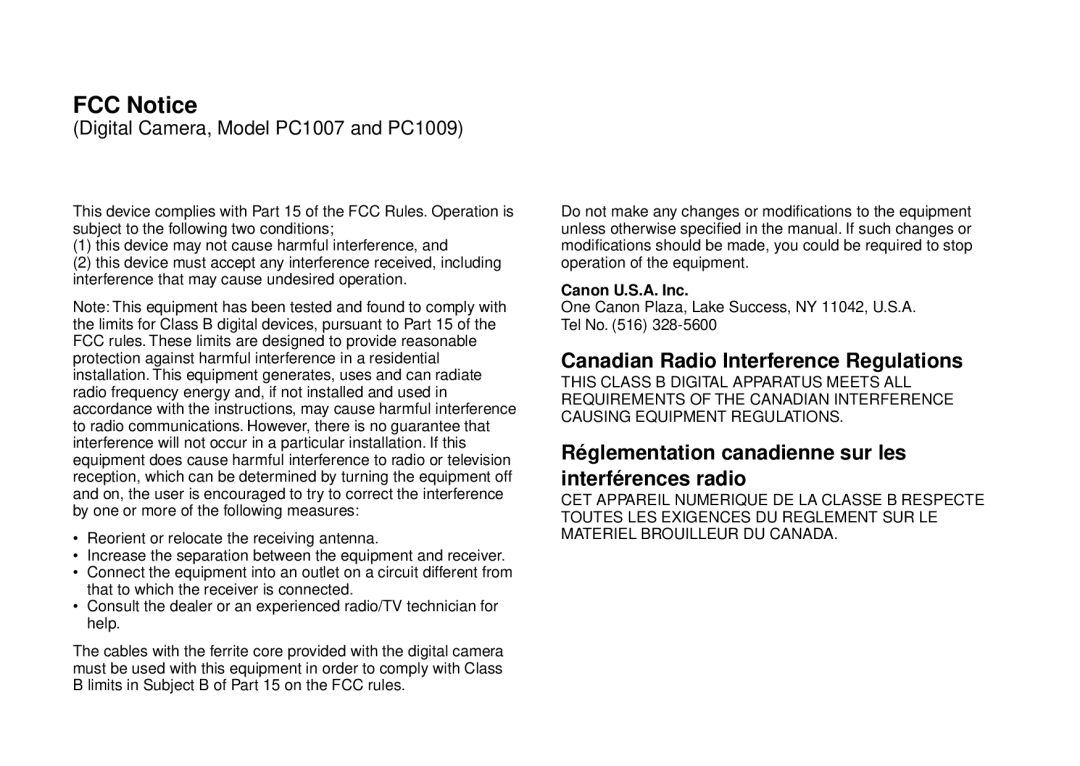 Canon PowerShot A20, PowerShot A10 manual FCC Notice, Digital Camera, Model PC1007 and PC1009 