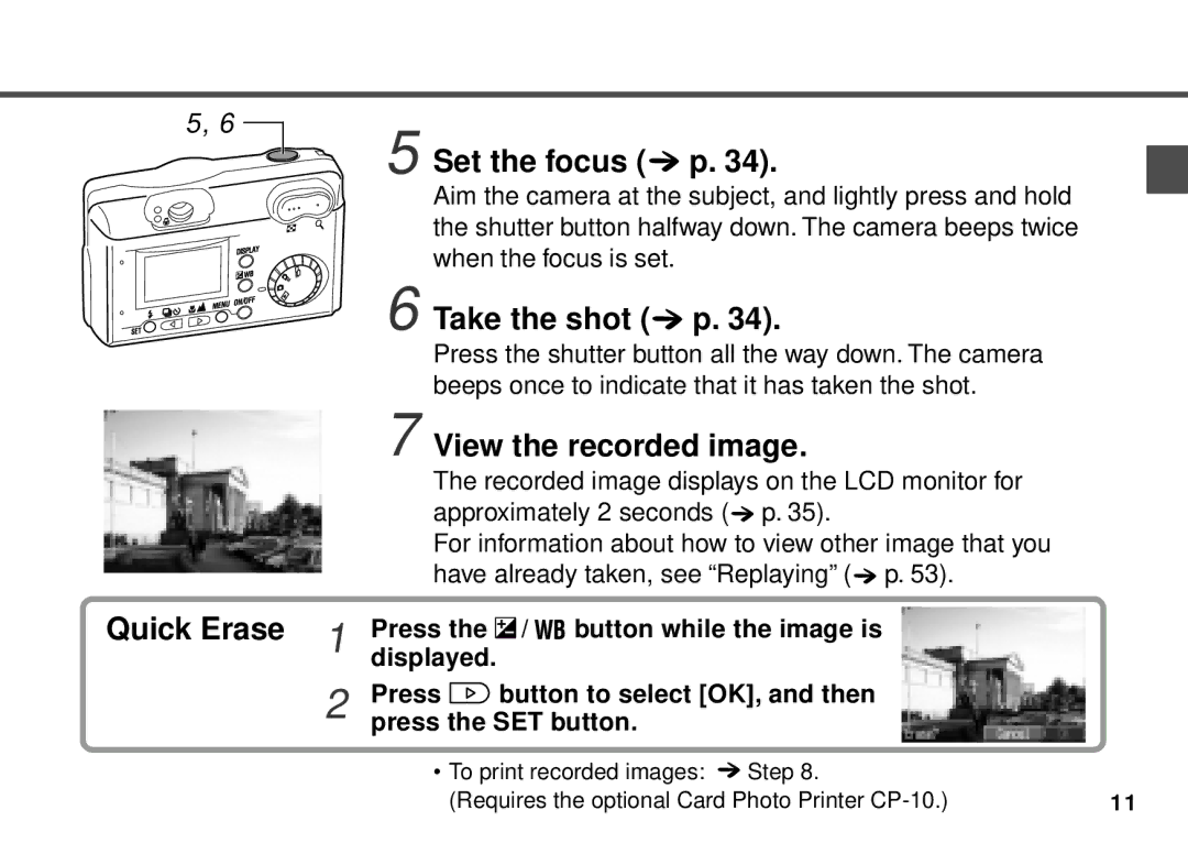 Canon PowerShot A20, PowerShot A10 manual Quick Erase Set the focus p, Take the shot p, View the recorded image 