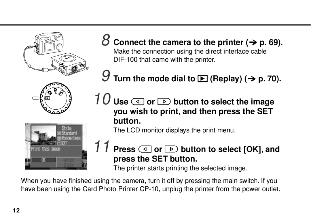 Canon PowerShot A10 manual Connect the camera to the printer p, Press or button to select OK, and press the SET button 