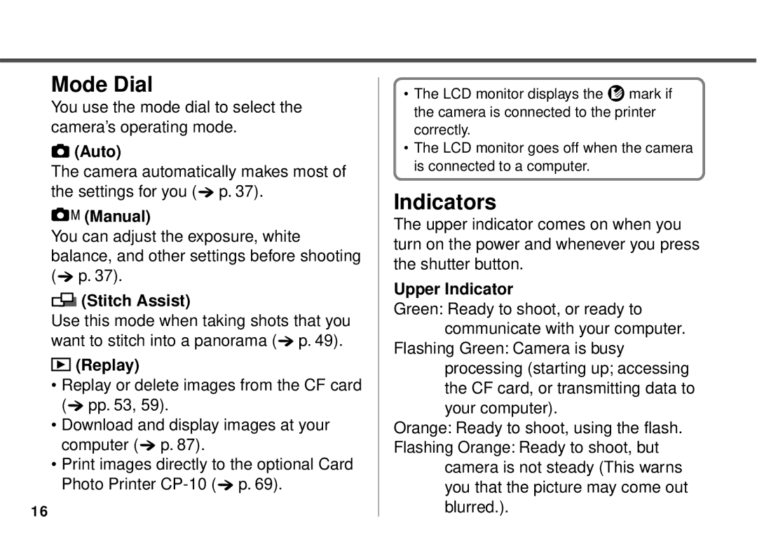 Canon PowerShot A10, PowerShot A20 manual Mode Dial, Indicators 