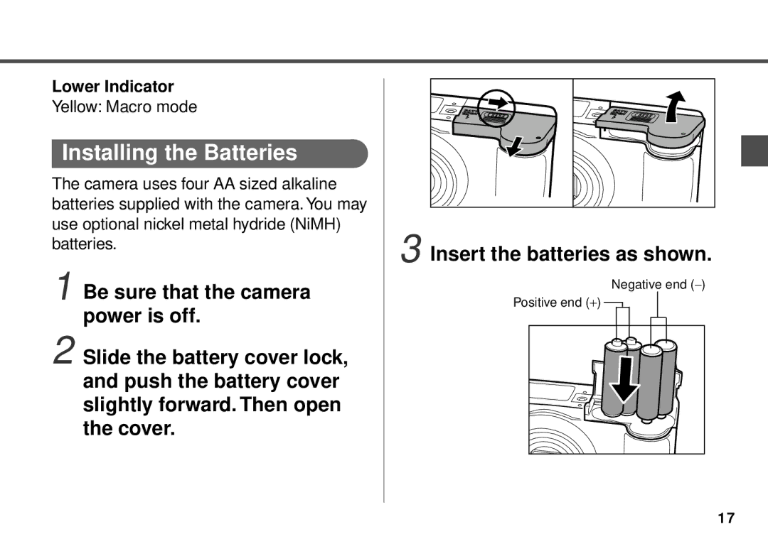 Canon PowerShot A20, PowerShot A10 manual Installing the Batteries, Lower Indicator, Yellow Macro mode 