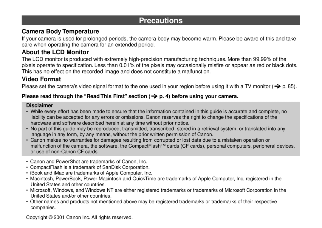 Canon PowerShot A10, PowerShot A20 manual Precautions 