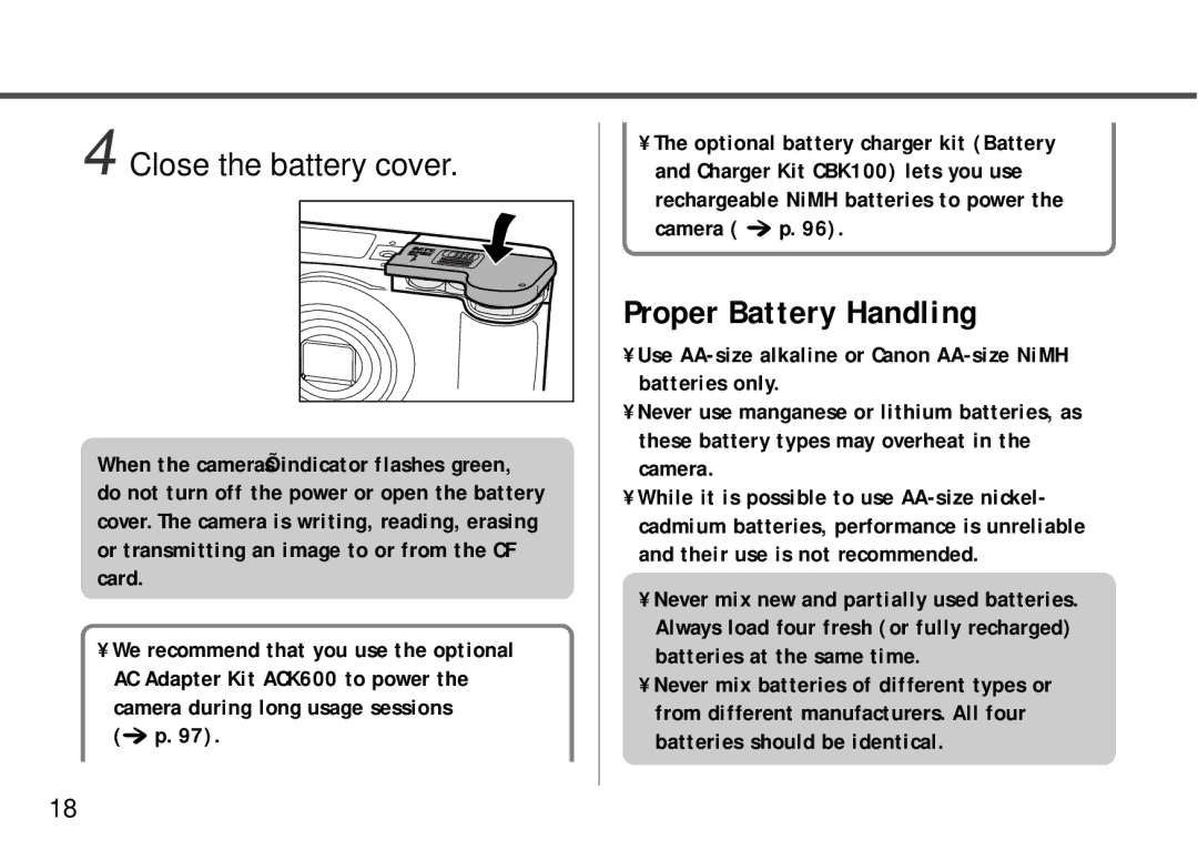 Canon PowerShot A10, PowerShot A20 manual Proper Battery Handling, Close the battery cover 