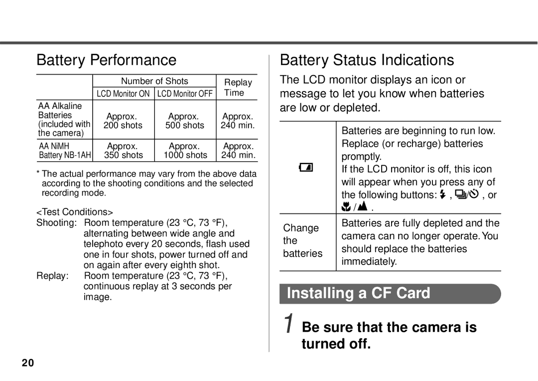 Canon PowerShot A10, PowerShot A20 manual Installing a CF Card, Be sure that the camera is turned off 