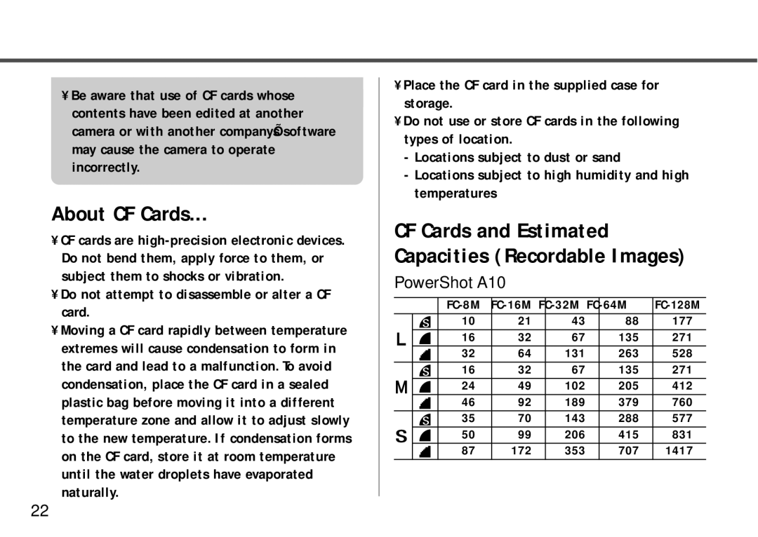 Canon PowerShot A10, PowerShot A20 manual About CF Cards 