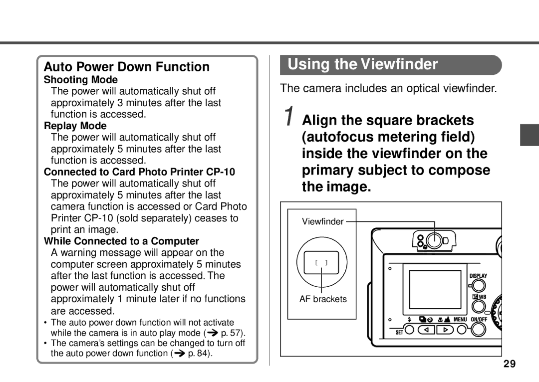 Canon PowerShot A20, PowerShot A10 manual Using the Viewfinder, Camera includes an optical viewfinder 