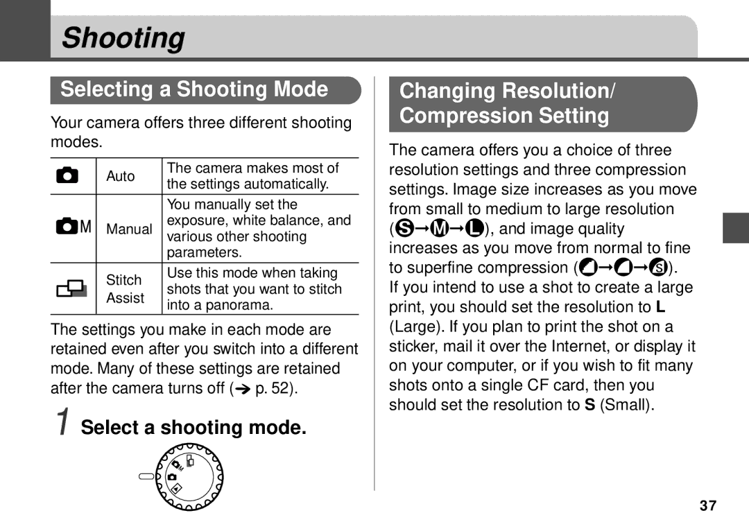 Canon PowerShot A20 manual Selecting a Shooting Mode, Changing Resolution Compression Setting, Select a shooting mode 