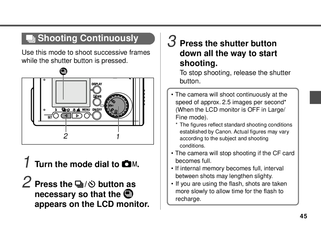 Canon PowerShot A20, PowerShot A10 manual Shooting Continuously, To stop shooting, release the shutter button 