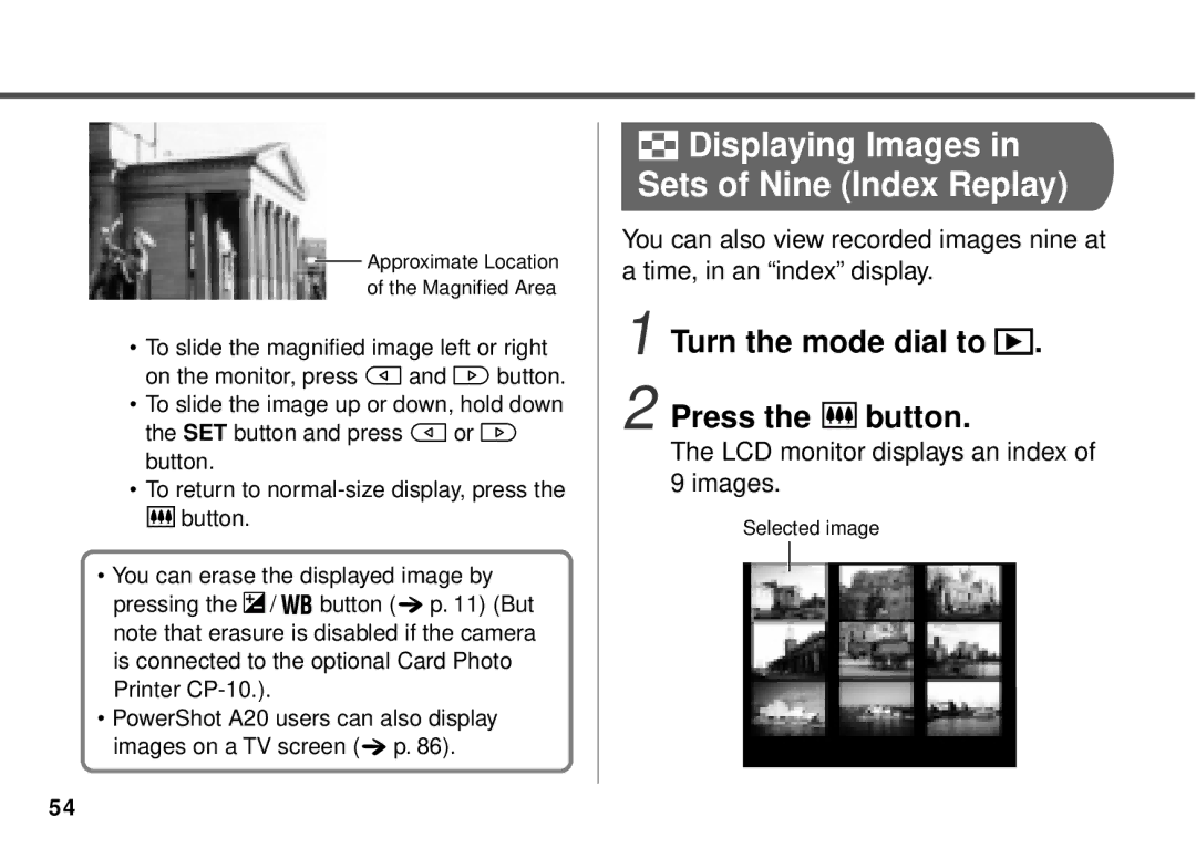 Canon PowerShot A10, PowerShot A20 Displaying Images in Sets of Nine Index Replay, Turn the mode dial to Press the button 