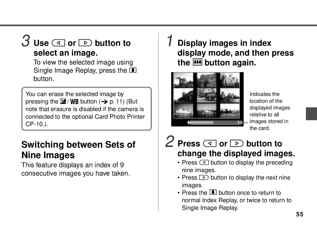 Canon PowerShot A20, PowerShot A10 manual Switching between Sets of Nine Images, Use or button to select an image 