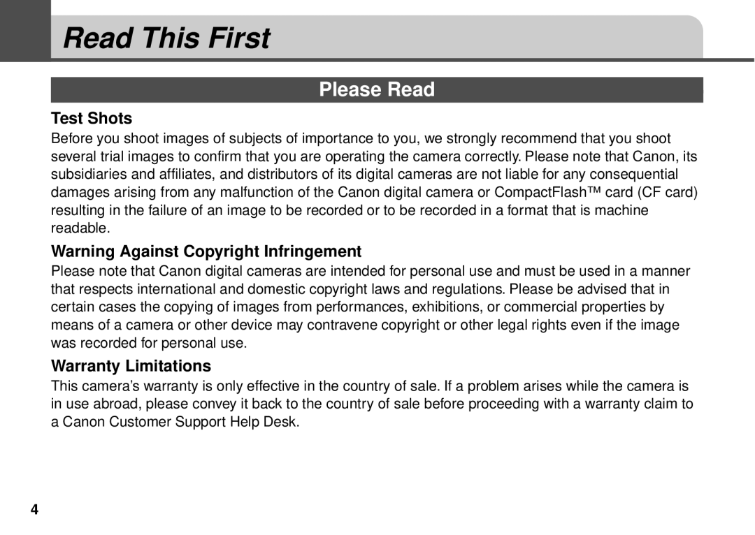 Canon PowerShot A10, PowerShot A20 manual Read This First, Test Shots, Warranty Limitations 