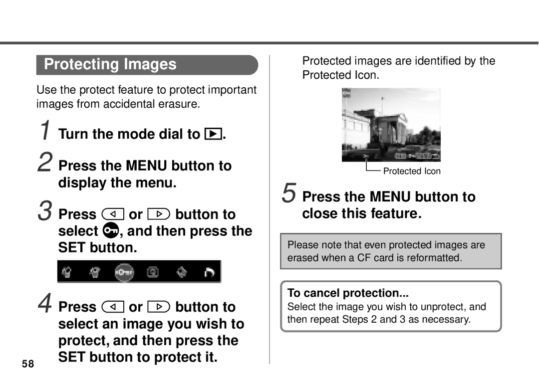 Canon PowerShot A10, PowerShot A20 Protecting Images, Press the Menu button to close this feature, To cancel protection 