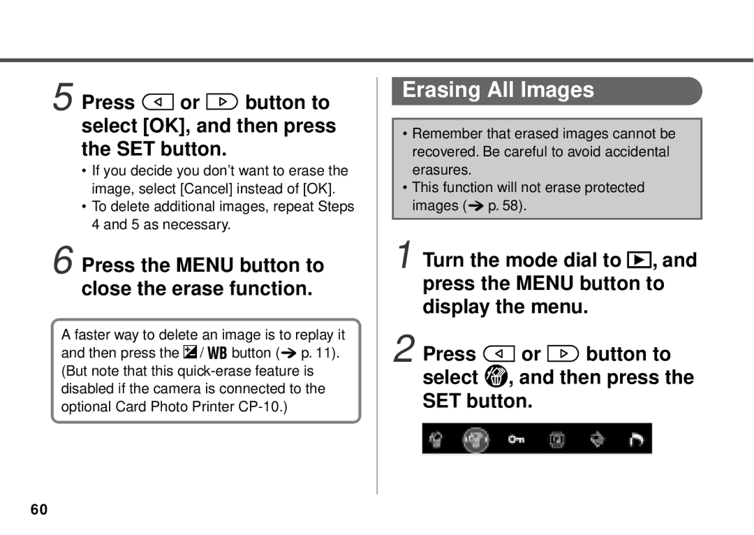 Canon PowerShot A10, PowerShot A20 manual Erasing All Images, Press or button to select OK, and then press the SET button 