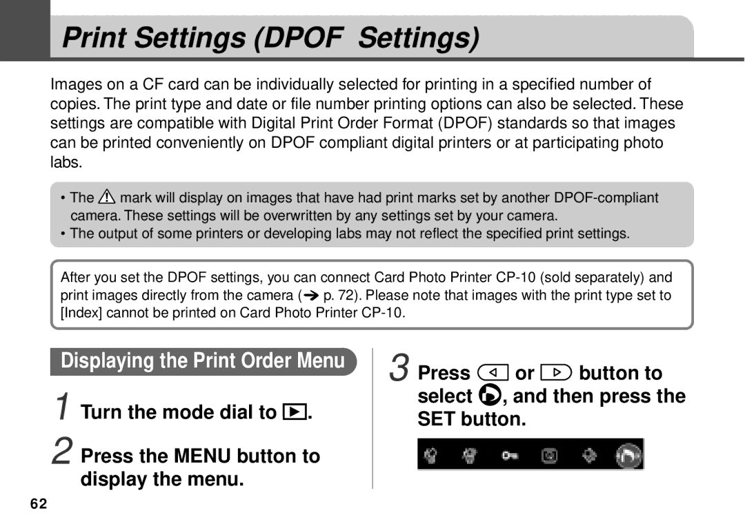 Canon PowerShot A10, PowerShot A20 manual Print Settings Dpof Settings, Displaying the Print Order Menu 