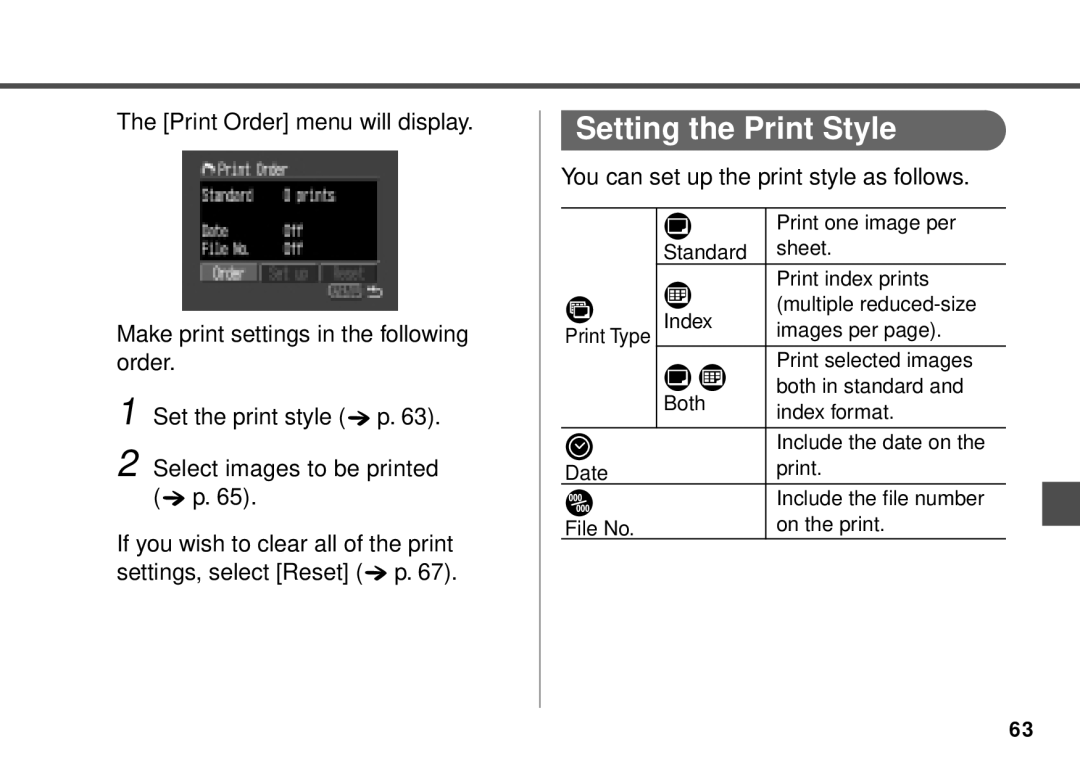 Canon PowerShot A20, PowerShot A10 manual Setting the Print Style, You can set up the print style as follows 