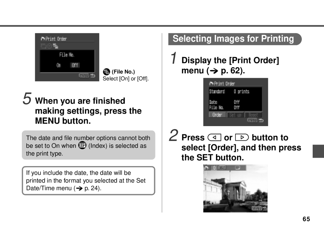 Canon PowerShot A20 manual Selecting Images for Printing, When you are finished making settings, press the Menu button 