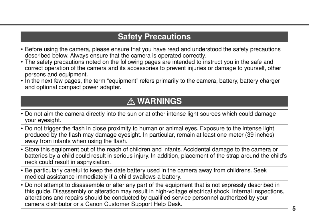 Canon PowerShot A20, PowerShot A10 manual Safety Precautions 