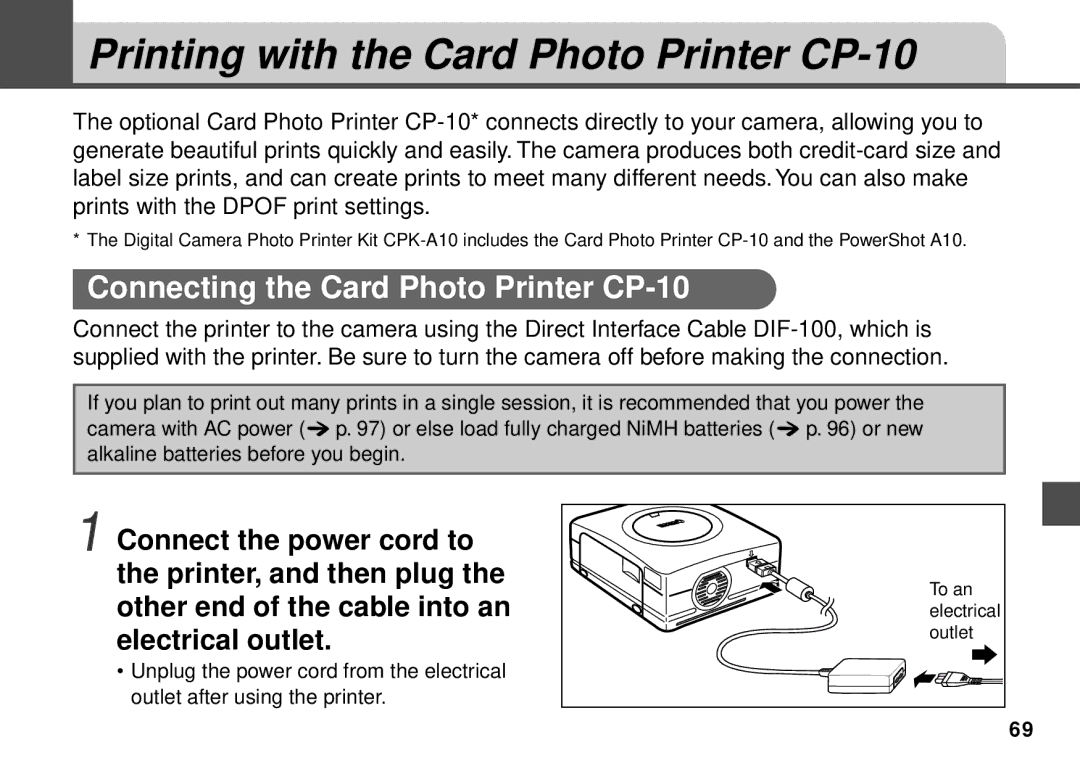 Canon PowerShot A20, PowerShot A10 Printing with the Card Photo Printer CP-10, Connecting the Card Photo Printer CP-10 