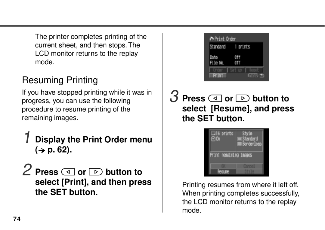 Canon PowerShot A10, PowerShot A20 manual Resuming Printing 