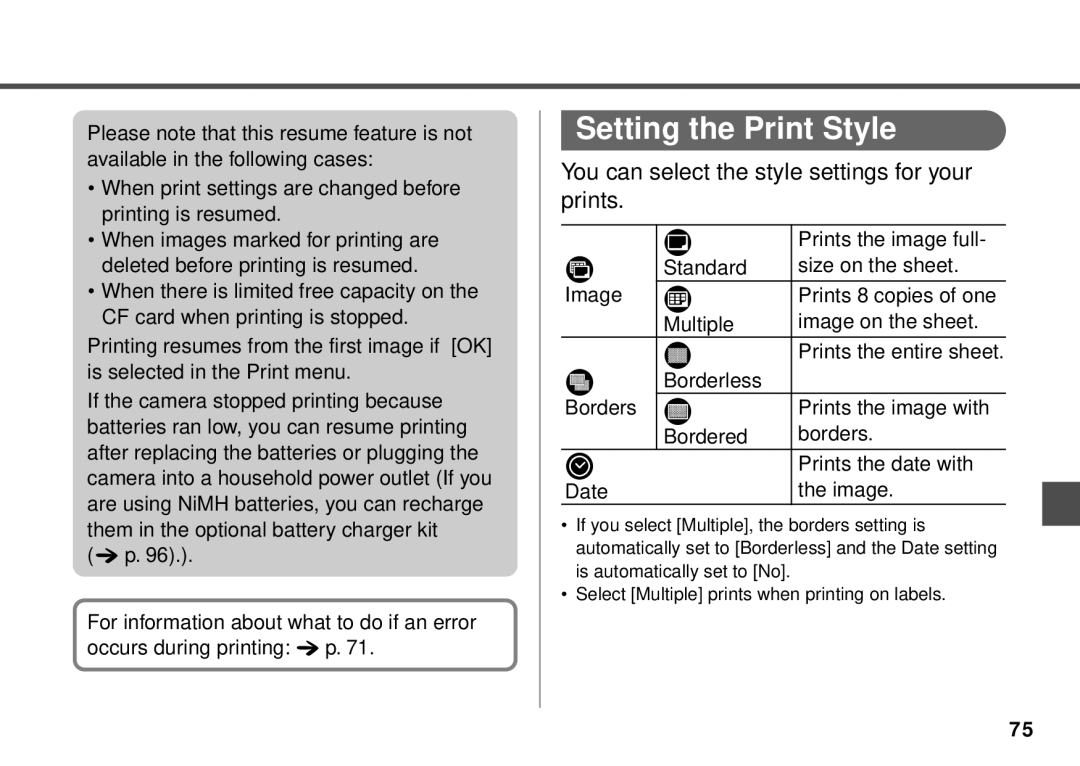 Canon PowerShot A20, PowerShot A10 manual Setting the Print Style, You can select the style settings for your prints 