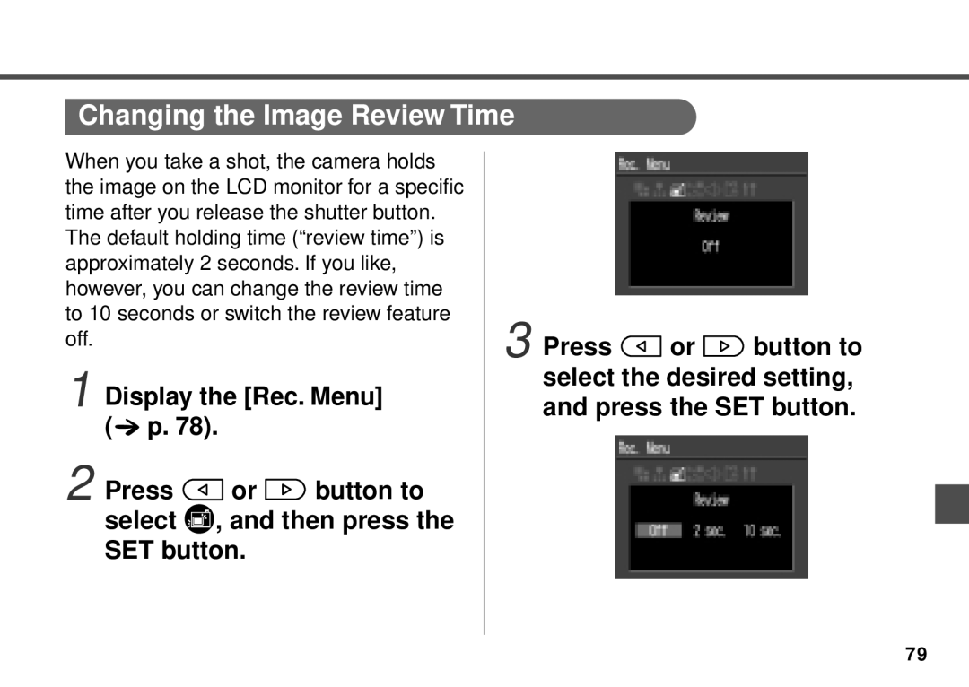 Canon PowerShot A20, PowerShot A10 manual Changing the Image Review Time 