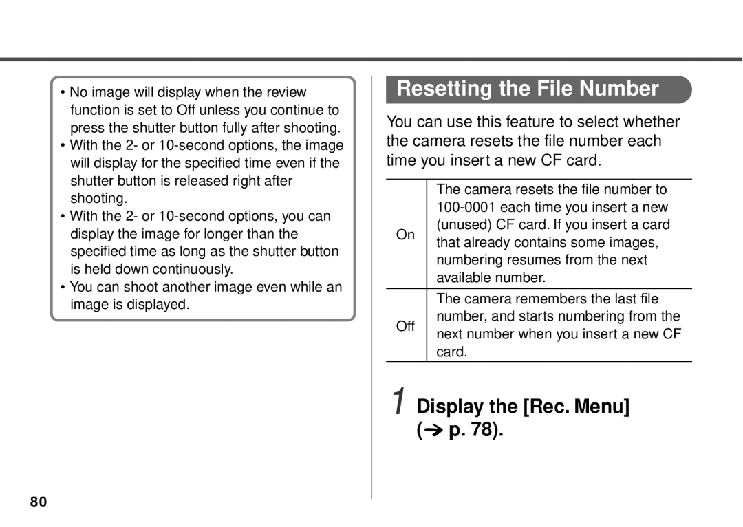 Canon PowerShot A10, PowerShot A20 manual Resetting the File Number, Display the Rec. Menu p 