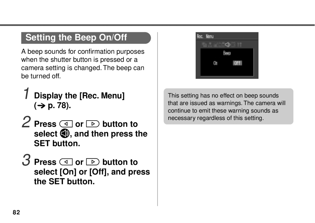 Canon PowerShot A10, PowerShot A20 manual Setting the Beep On/Off 