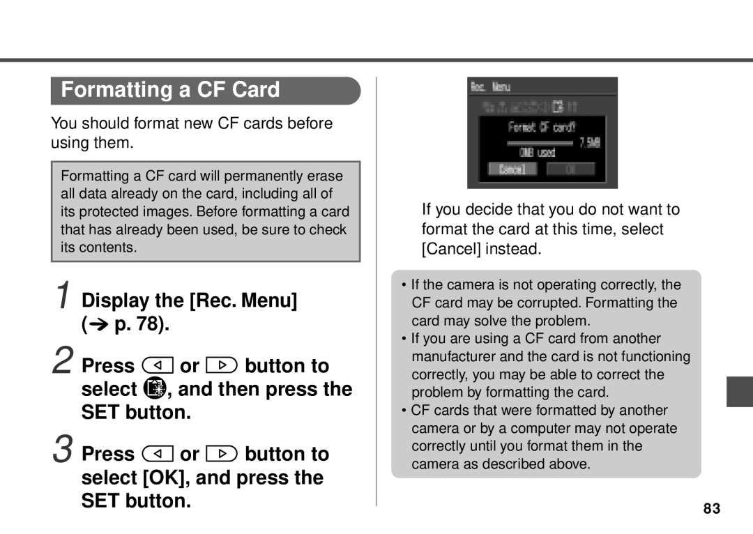 Canon PowerShot A20, PowerShot A10 manual Formatting a CF Card, You should format new CF cards before using them 