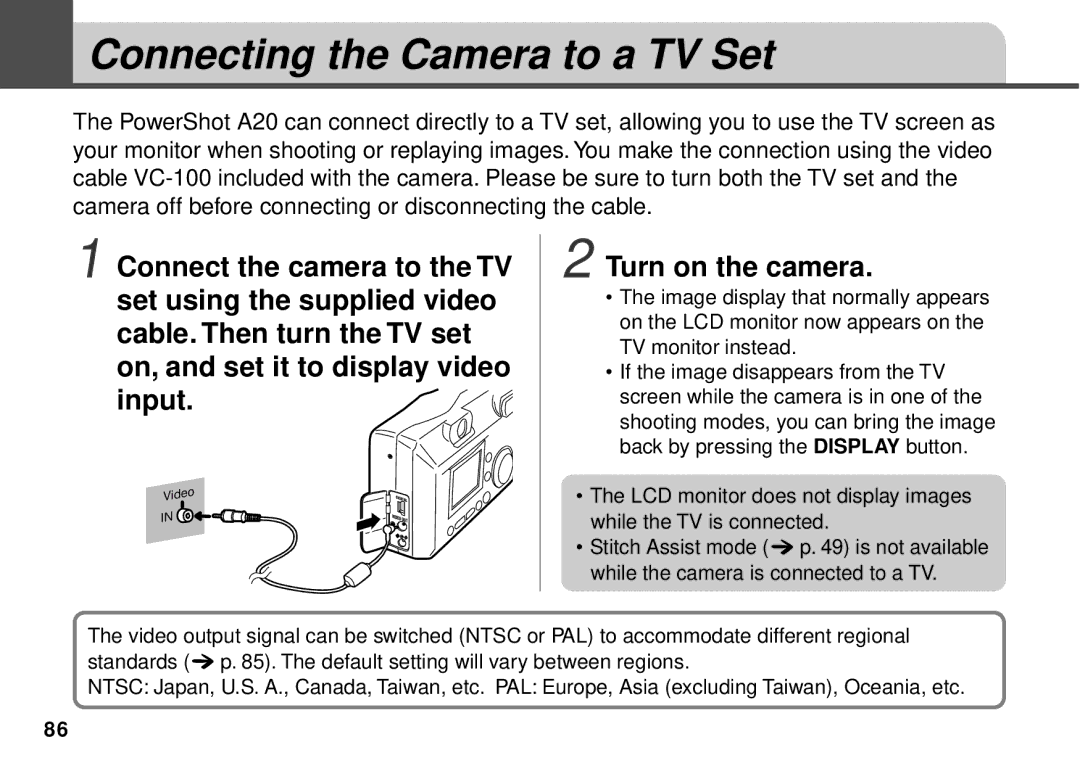 Canon PowerShot A10, PowerShot A20 manual Connecting the Camera to a TV Set, Turn on the camera 