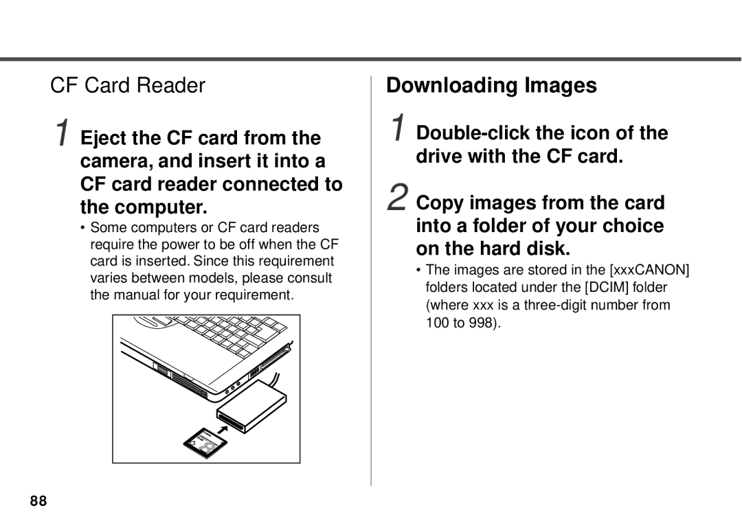 Canon PowerShot A10, PowerShot A20 manual CF Card Reader, Downloading Images 