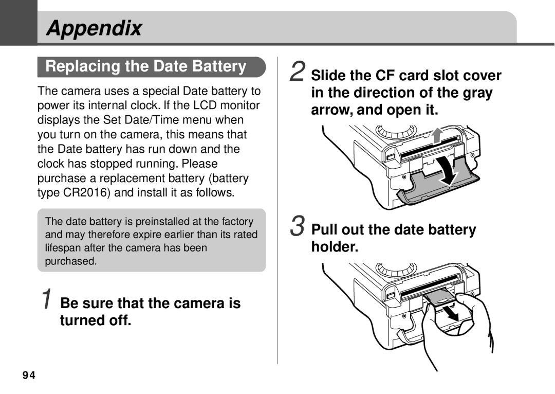 Canon PowerShot A10, PowerShot A20 manual Appendix, Replacing the Date Battery 