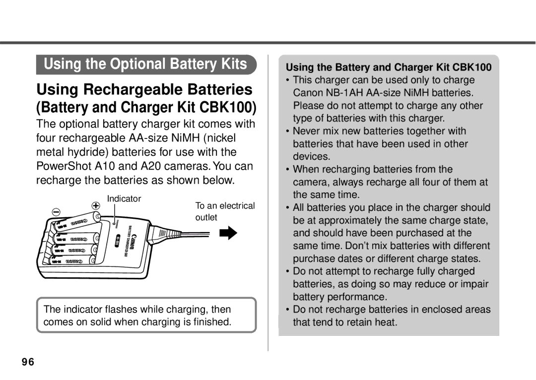 Canon PowerShot A10 manual Using the Optional Battery Kits, Using Rechargeable Batteries Battery and Charger Kit CBK100 