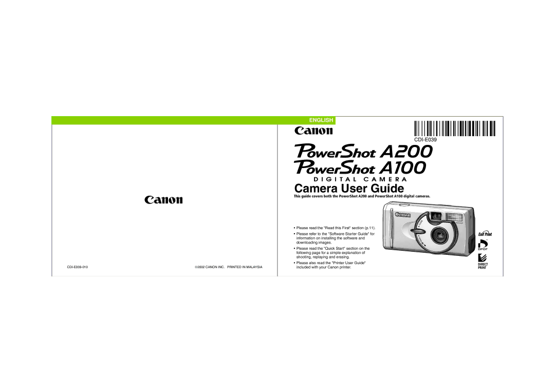 Canon PowerShot A200, PowerShot A100 quick start Camera User Guide 