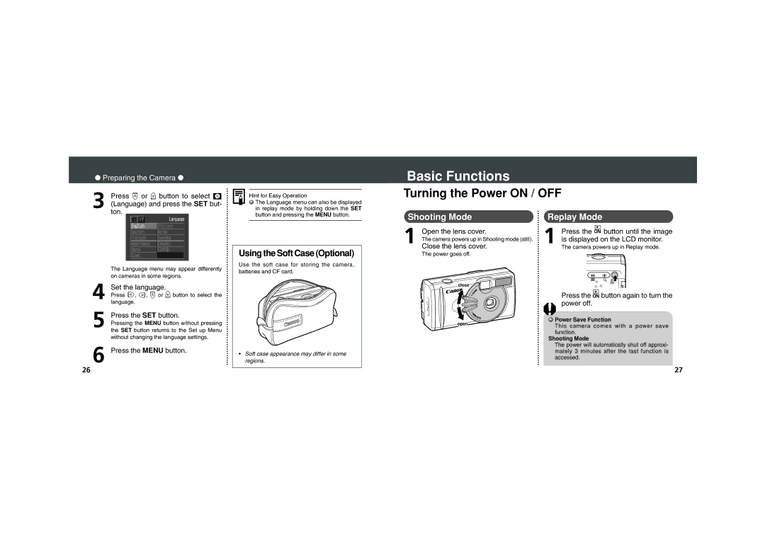 Canon PowerShot A100, PowerShot A200 quick start Basic Functions, Turning the Power on / OFF, Shooting Mode, Replay Mode 