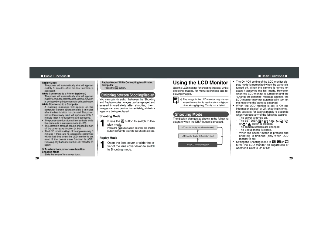 Canon PowerShot A200, PowerShot A100 quick start Using the LCD Monitor, Basic Functions, Switching between Shooting/Replay 