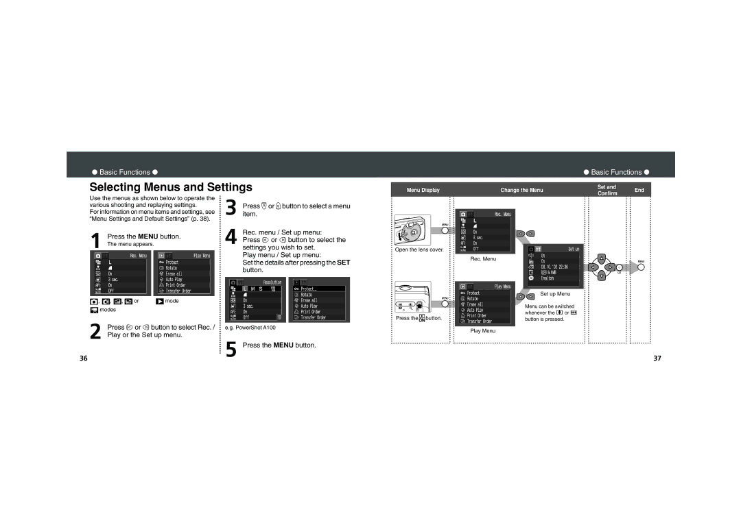 Canon PowerShot A200, PowerShot A100 Selecting Menus and Settings, Press the Menu button. The menu appears, Play Menu 
