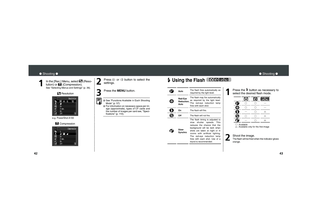 Canon PowerShot A100 Rec. Menu, select Reso Lution or Compression, Shoot the image, See Selecting Menus and Settings p 