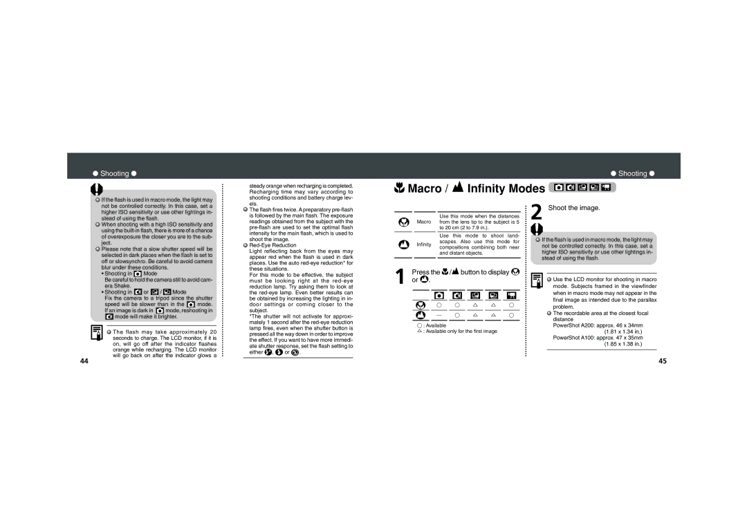 Canon PowerShot A200, PowerShot A100 quick start Macro / Infinity Modes, Press the / button to display, Either , or 