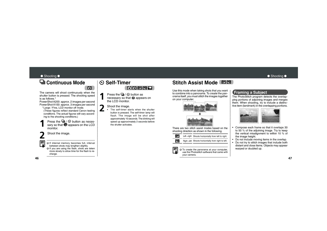 Canon PowerShot A100, PowerShot A200 quick start Stitch Assist Mode, Framing a Subject 