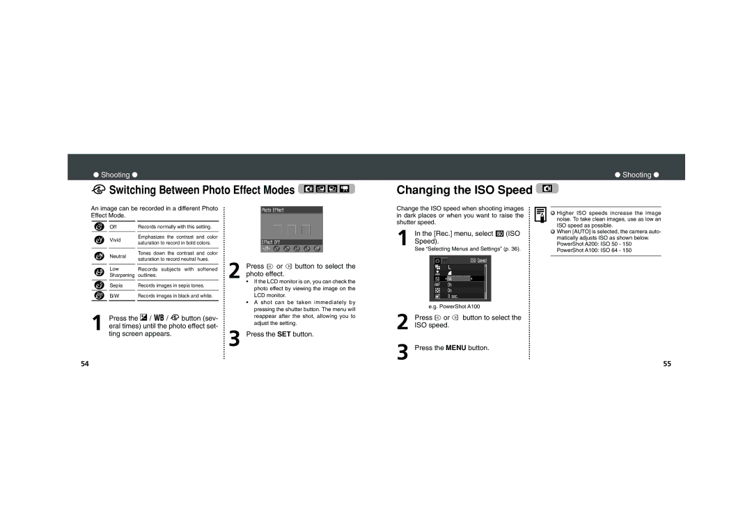 Canon PowerShot A100, PowerShot A200 Changing the ISO Speed, An image can be recorded in a different Photo Effect Mode 