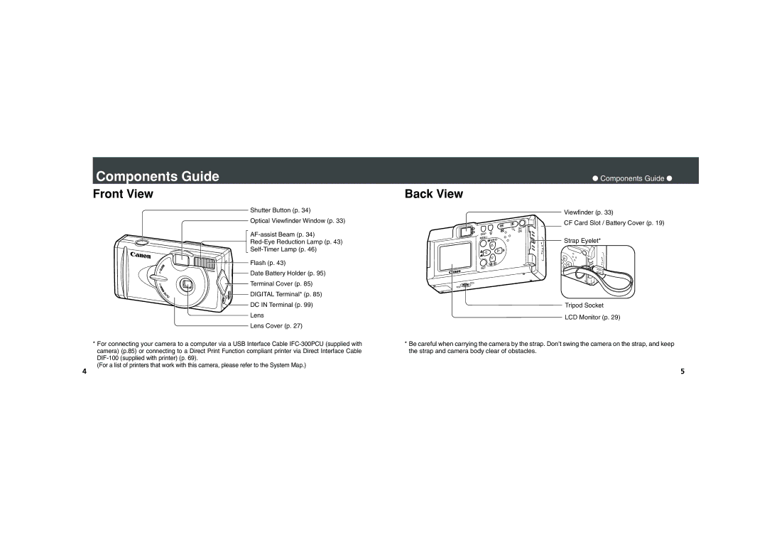 Canon PowerShot A200, PowerShot A100 quick start Components Guide, Front View, Back View 