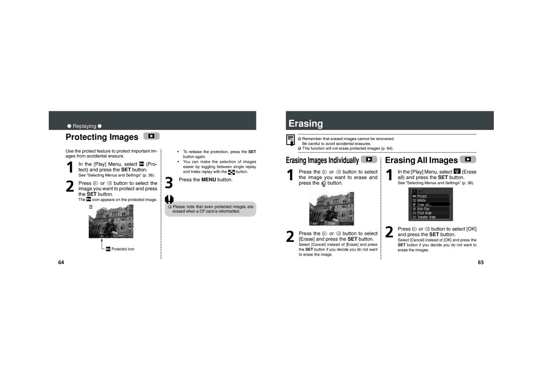 Canon PowerShot A200 Protecting Images, Erasing All Images, Play Menu, select Pro- tect and press the SET button 