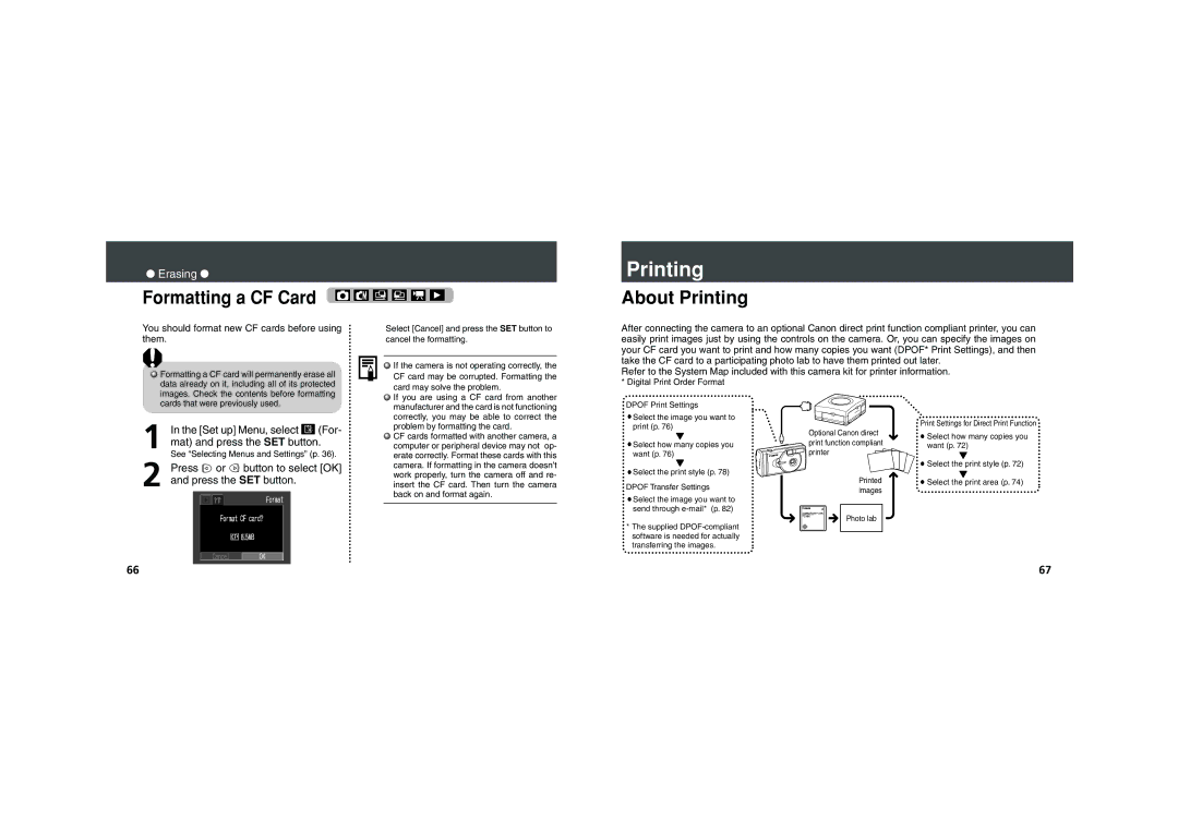 Canon PowerShot A100, PowerShot A200 About Printing, Erasing, You should format new CF cards before using, Them 