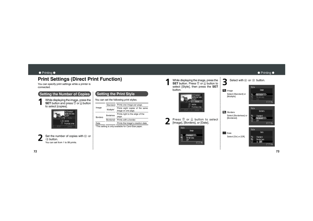 Canon PowerShot A200 Print Settings Direct Print Function, Setting the Number of Copies, Setting the Print Style 