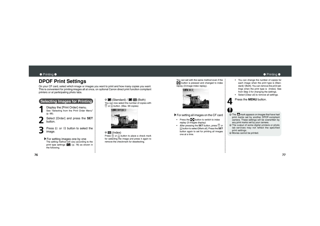 Canon PowerShot A200, PowerShot A100 quick start Dpof Print Settings, Selecting Images for Printing 